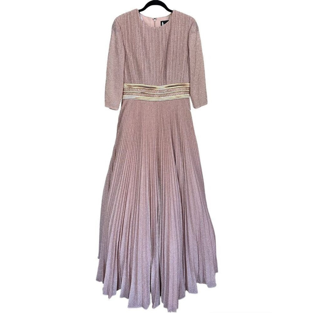 MAC DUGGAL SHIMMERING PLEATED A-LINE 3/4 SLEEVE GOWN ROSE GOLD- SIZE 6
